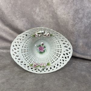 Romanian MOGA Porcelain Basket Lattice Bowl Handpainted 6 X 4 Easter Handmade